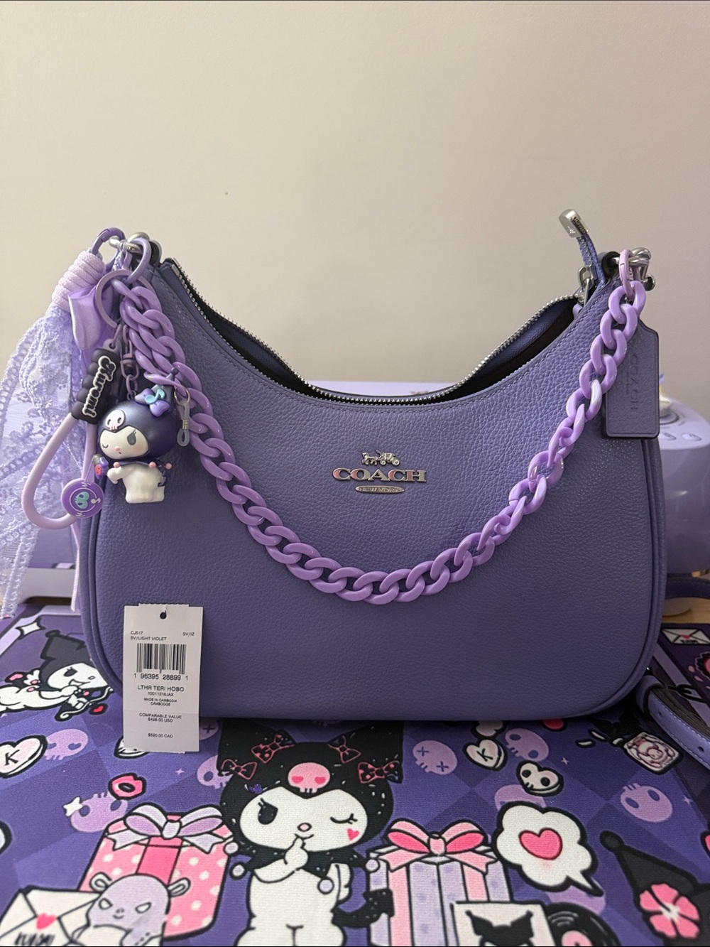 Coach Lilac Leather Hobo Shoulder Bag with charms